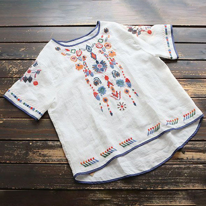 Buddha Stones Retro Artystyczny Haft Kwiatowy Wzór Okrągły Dekolt Damska Bawełniana Lniana Krótki Rękaw T-shirt - image 2