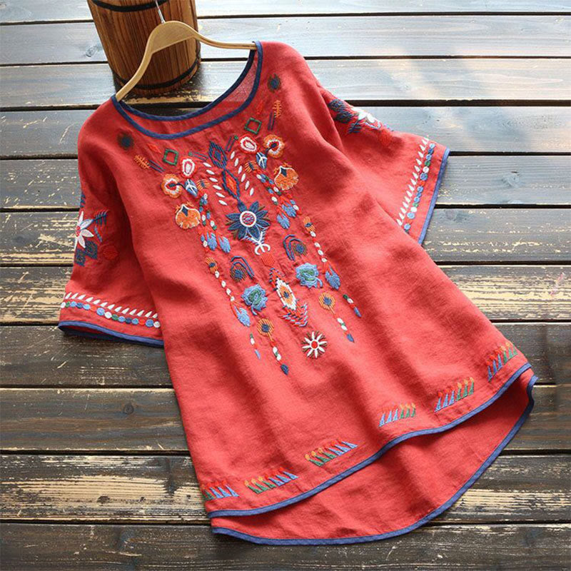 Buddha Stones Retro Artystyczny Haft Kwiatowy Wzór Okrągły Dekolt Damska Bawełniana Lniana Krótki Rękaw T-shirt - Czerwony - US14, UK/AU18, EU46 (4XL) - image 8