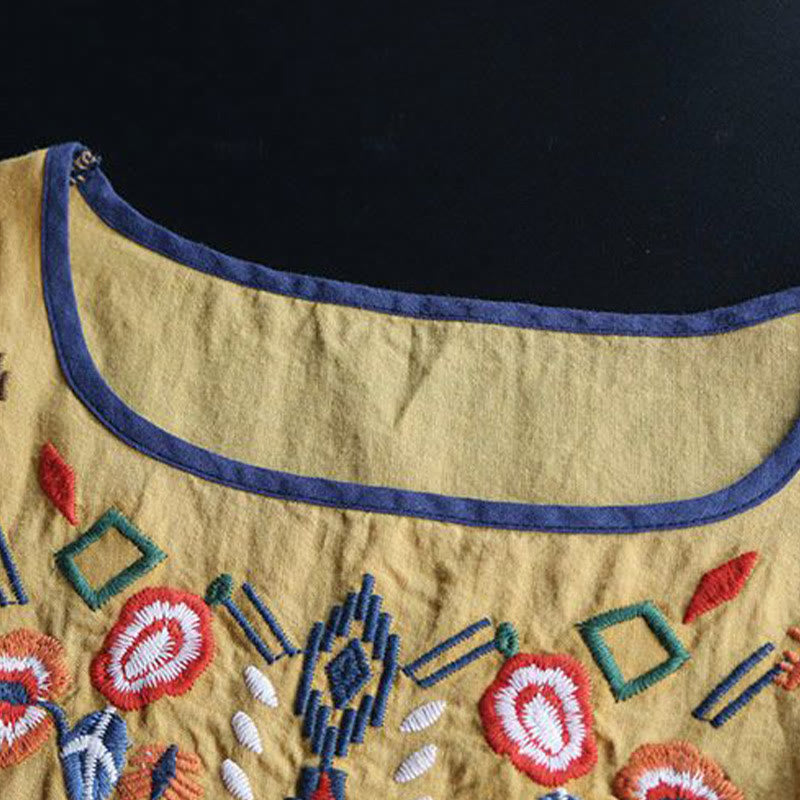 Buddha Stones Retro Artystyczny Haft Kwiatowy Wzór Okrągły Dekolt Damska Bawełniana Lniana Krótki Rękaw T-shirt - image 14