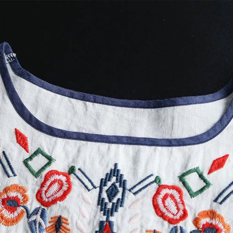 Buddha Stones Retro Artystyczny Haft Kwiatowy Wzór Okrągły Dekolt Damska Bawełniana Lniana Krótki Rękaw T-shirt - image 3