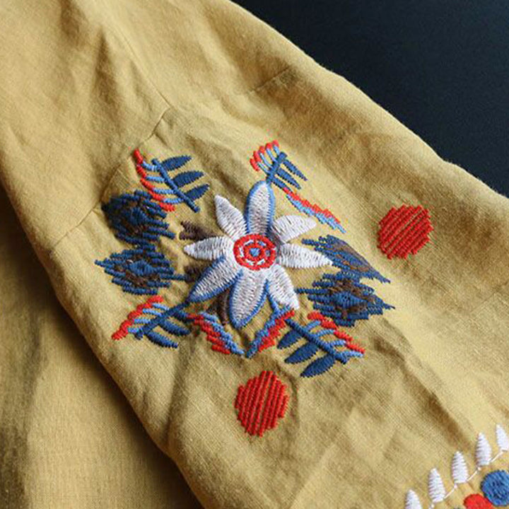 Buddha Stones Retro Artystyczny Haft Kwiatowy Wzór Okrągły Dekolt Damska Bawełniana Lniana Krótki Rękaw T-shirt - image 16