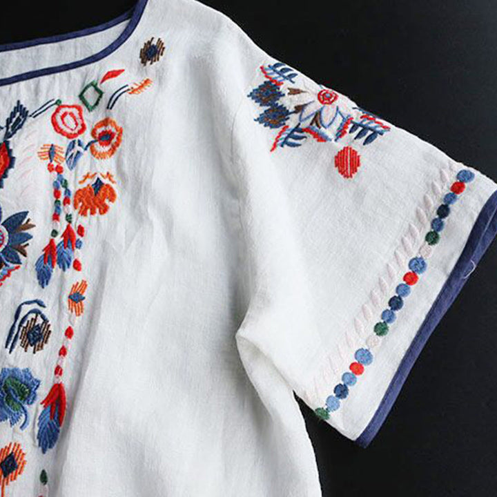 Buddha Stones Retro Artystyczny Haft Kwiatowy Wzór Okrągły Dekolt Damska Bawełniana Lniana Krótki Rękaw T-shirt - image 5