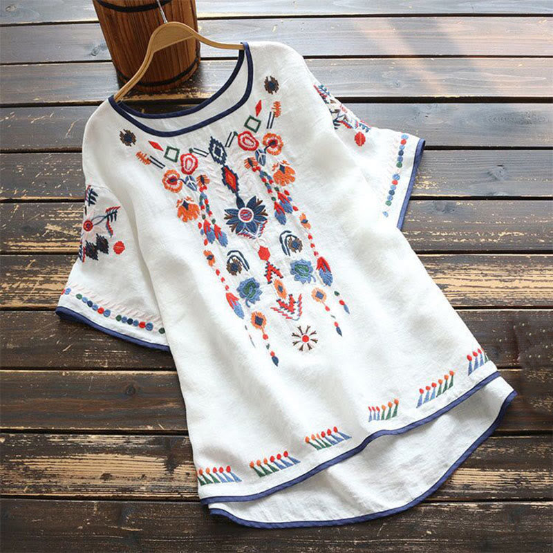 Buddha Stones Retro Artystyczny Haft Kwiatowy Wzór Okrągły Dekolt Damska Bawełniana Lniana Krótki Rękaw T-shirt - Biały - US14, UK/AU18, EU46 (4XL) - image 0