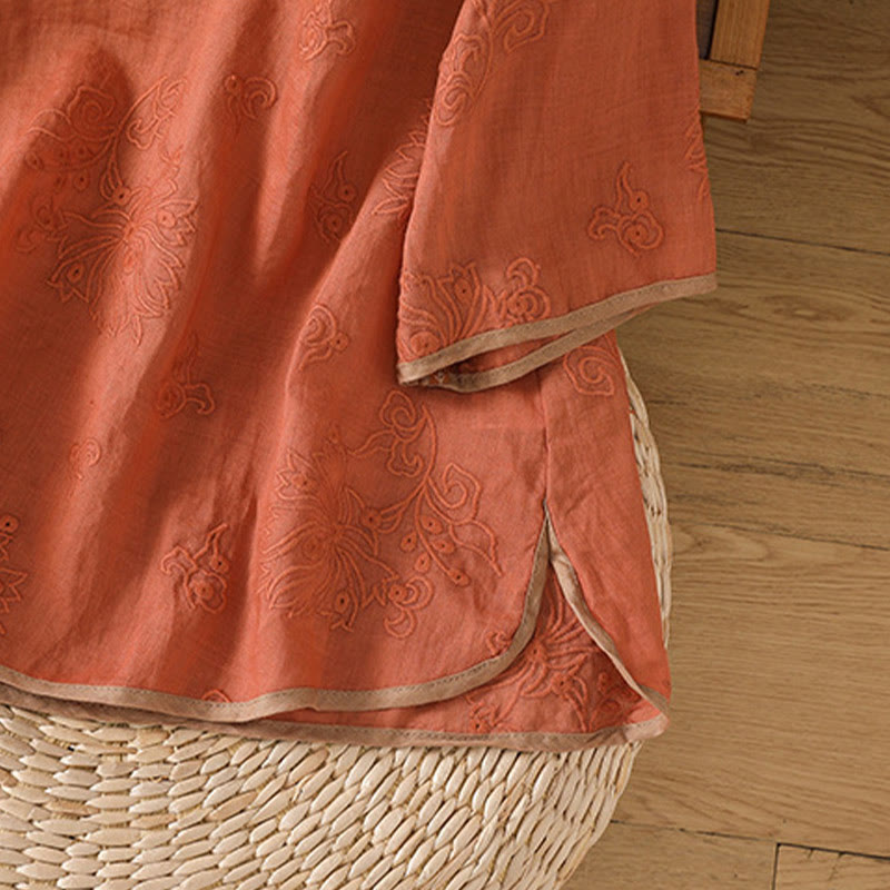 Koszula damska z bawełny i lnu z dekoltem w serek z motywem kamieni Buddha Stones w stylu vintage, z haftem roślinnym i kwiatowym - image 6