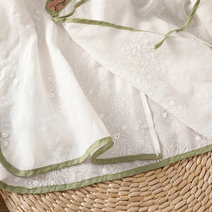 Koszula damska z bawełny i lnu z dekoltem w serek z motywem kamieni Buddha Stones w stylu vintage, z haftem roślinnym i kwiatowym - image 14