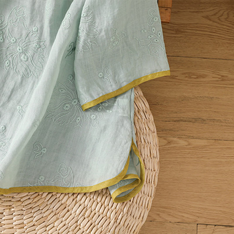 Koszula damska z bawełny i lnu z dekoltem w serek z motywem kamieni Buddha Stones w stylu vintage, z haftem roślinnym i kwiatowym - image 23