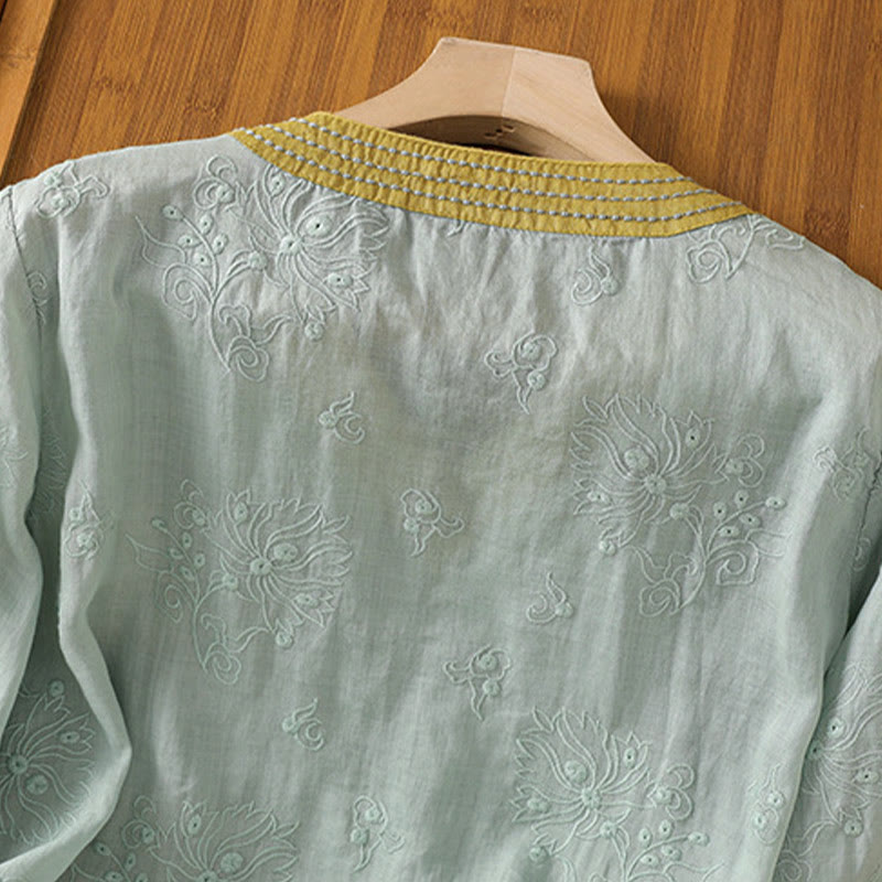 Koszula damska z bawełny i lnu z dekoltem w serek z motywem kamieni Buddha Stones w stylu vintage, z haftem roślinnym i kwiatowym - image 20