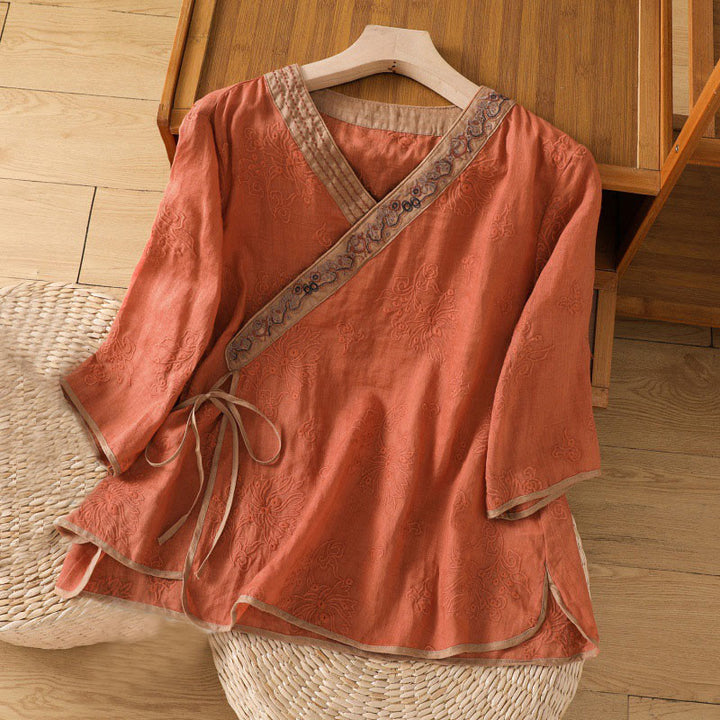 Koszula damska z bawełny i lnu z dekoltem w serek z motywem kamieni Buddha Stones w stylu vintage, z haftem roślinnym i kwiatowym - Pomarańczowo-czerwony - US8-10，UK/AU12-14，EU40-42 (2XL) - image 1