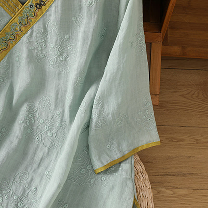 Koszula damska z bawełny i lnu z dekoltem w serek z motywem kamieni Buddha Stones w stylu vintage, z haftem roślinnym i kwiatowym - image 23