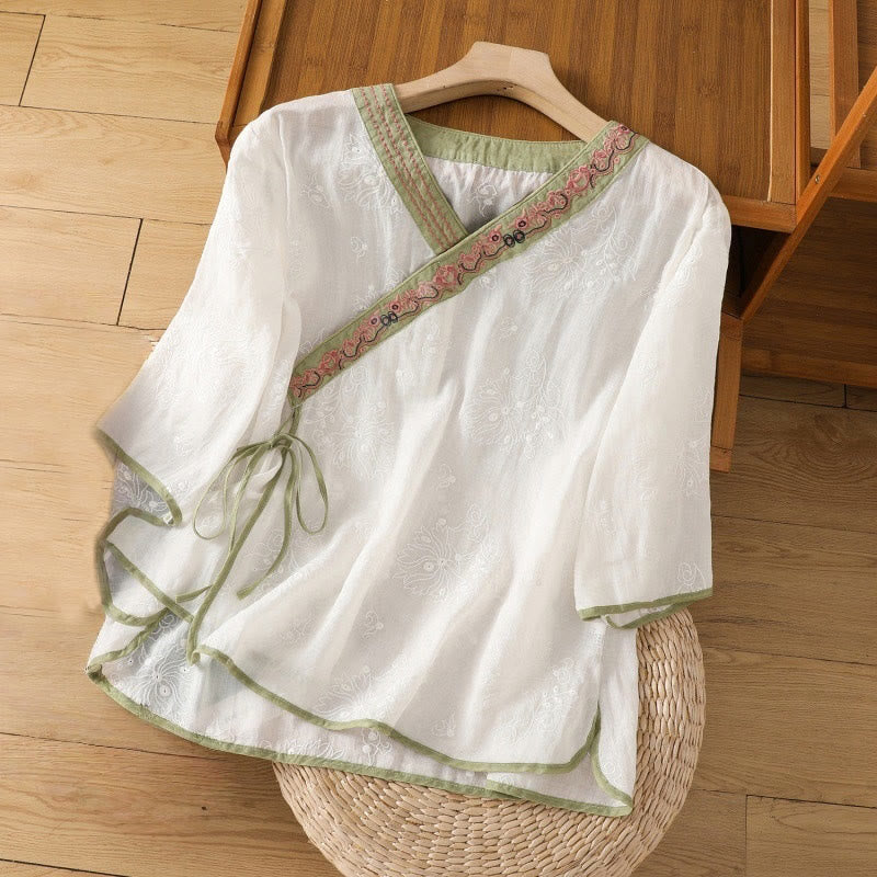 Koszula damska z bawełny i lnu z dekoltem w serek z motywem kamieni Buddha Stones w stylu vintage, z haftem roślinnym i kwiatowym - Biały - US8-10，UK/AU12-14，EU40-42 (2XL) - image 8