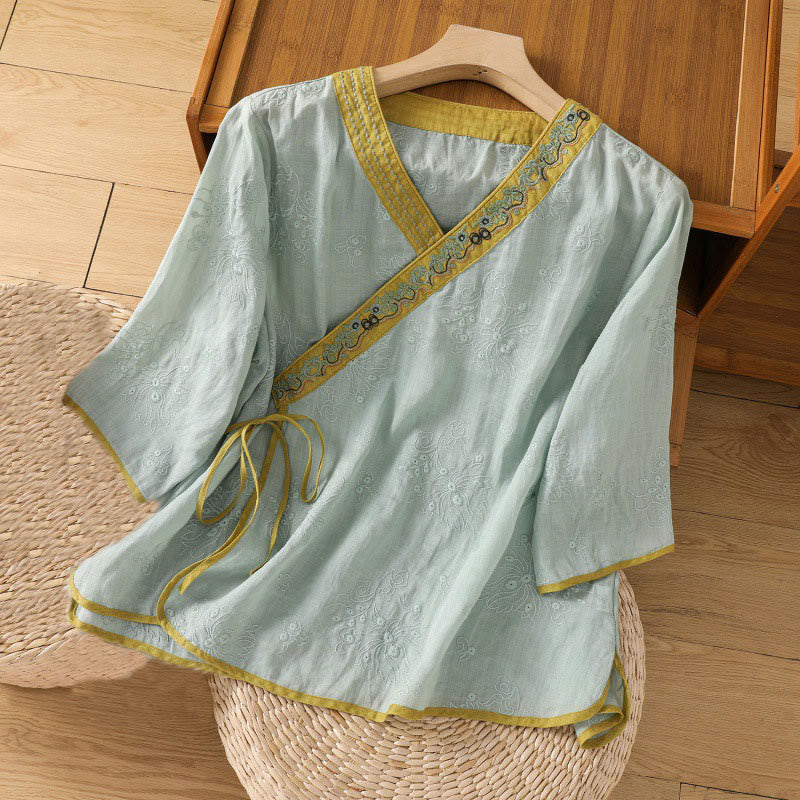 Koszula damska z bawełny i lnu z dekoltem w serek z motywem kamieni Buddha Stones w stylu vintage, z haftem roślinnym i kwiatowym - Średnioturkusowy - US8-10，UK/AU12-14，EU40-42 (2XL) - image 18