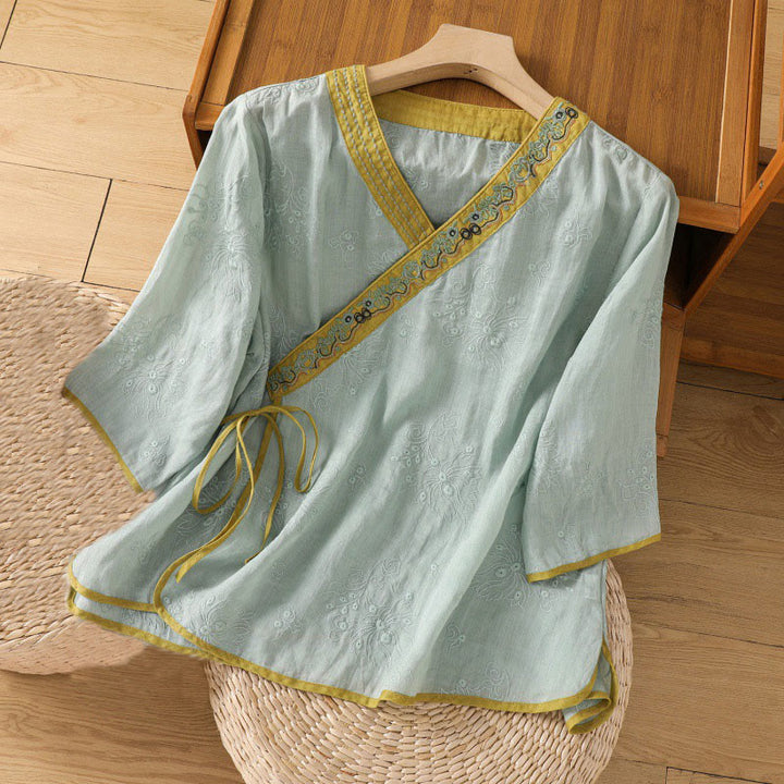 Koszula damska z bawełny i lnu z dekoltem w serek z motywem kamieni Buddha Stones w stylu vintage, z haftem roślinnym i kwiatowym - Średnioturkusowy - US8-10，UK/AU12-14，EU40-42 (2XL) - image 18