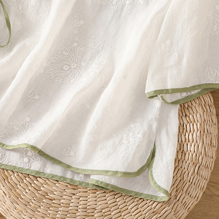 Koszula damska z bawełny i lnu z dekoltem w serek z motywem kamieni Buddha Stones w stylu vintage, z haftem roślinnym i kwiatowym - image 17