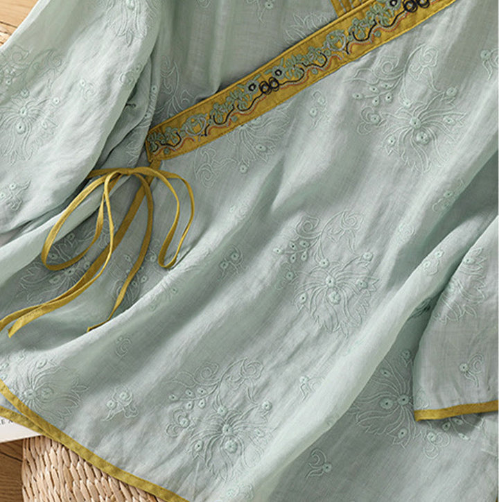 Koszula damska z bawełny i lnu z dekoltem w serek z motywem kamieni Buddha Stones w stylu vintage, z haftem roślinnym i kwiatowym - image 22