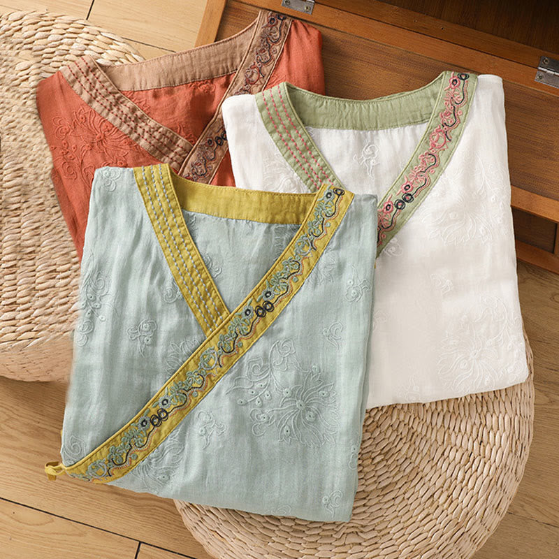 Koszula damska z bawełny i lnu z dekoltem w serek z motywem kamieni Buddha Stones w stylu vintage, z haftem roślinnym i kwiatowym - image 25