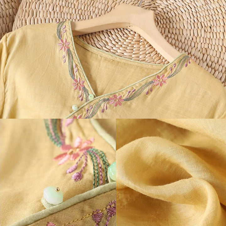 Koszula damska bawełniana z haftem w stylu retro z Buddha Stones i trzema czwartymi rękawami - image 6