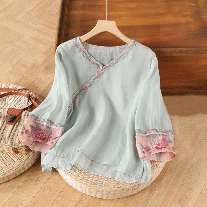 Koszula damska bawełniana z haftem w stylu retro z Buddha Stones i trzema czwartymi rękawami - PowderBlue - US14, UK/AU18, EU46 (4XL) - image 4