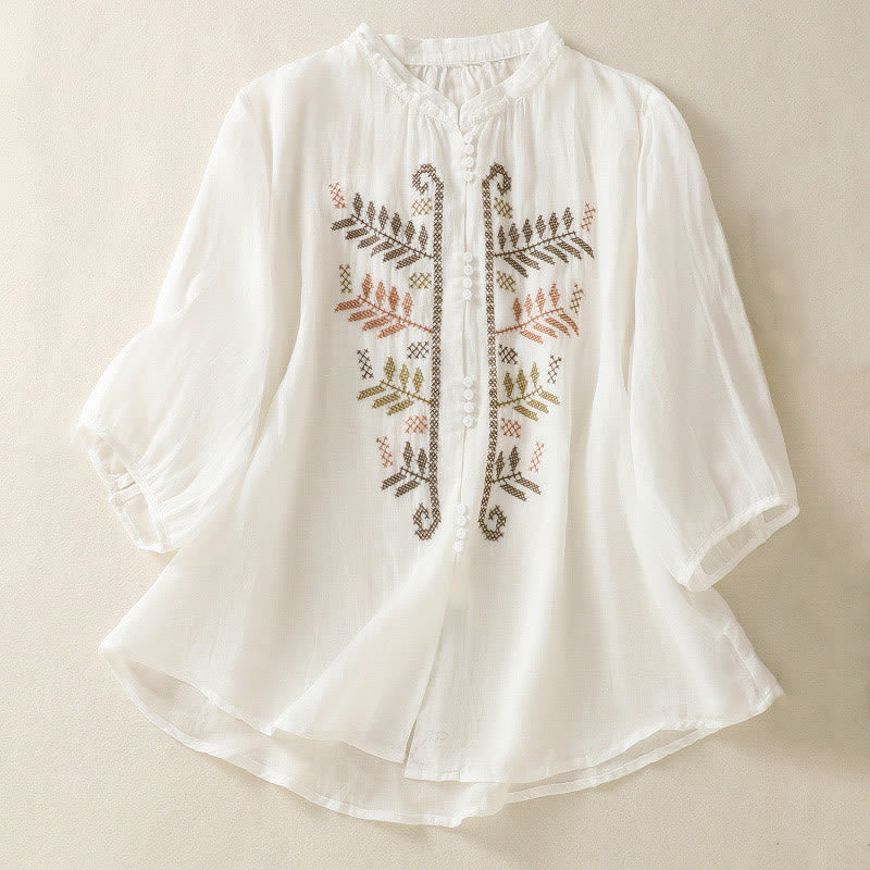 Koszula damska z bawełny i lnu z rękawem trzy czwarte, haft artystyczny z motywem liści i Buddha Stones - Biały - US8-10，UK/AU12-14，EU40-42 (2XL) - image 14