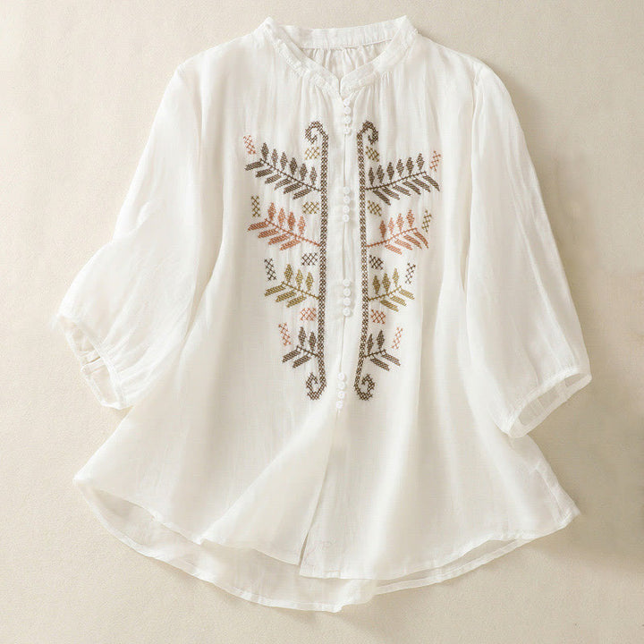 Koszula damska z bawełny i lnu z rękawem trzy czwarte, haft artystyczny z motywem liści i Buddha Stones - Biały - US8-10，UK/AU12-14，EU40-42 (2XL) - image 14