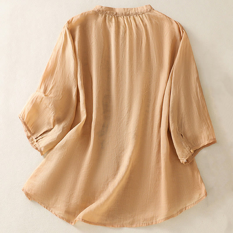 Buddha Stones Casual Artystyczny Haft Liści Wzór Damska Bawełna Lniana Trzy Czwarte Rękawy Kardigan - image 1