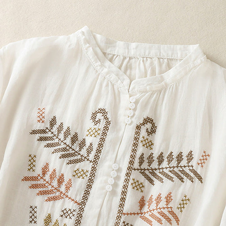 Buddha Stones Casual Artystyczny Haft Liści Wzór Damska Bawełna Lniana Trzy Czwarte Rękawy Kardigan - image 15