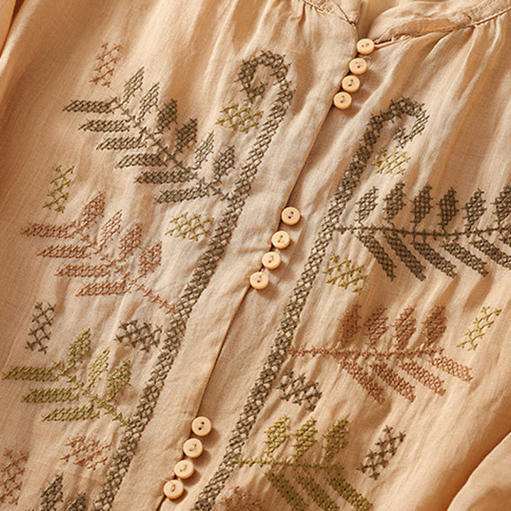 Koszula damska z bawełny i lnu z rękawem trzy czwarte, haft artystyczny z motywem liści i Buddha Stones - image 5