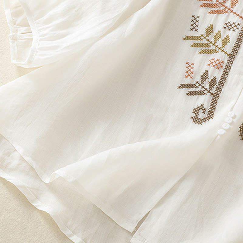 Buddha Stones Casual Artystyczny Haft Liści Wzór Damska Bawełna Lniana Trzy Czwarte Rękawy Kardigan - image 20