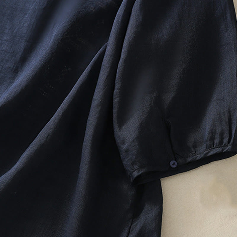 Koszula damska z bawełny i lnu z rękawem trzy czwarte, haft artystyczny z motywem liści i Buddha Stones - image 13