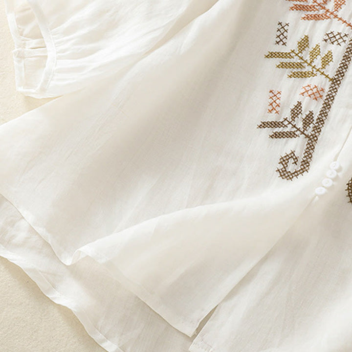 Koszula damska z bawełny i lnu z rękawem trzy czwarte, haft artystyczny z motywem liści i Buddha Stones - image 20