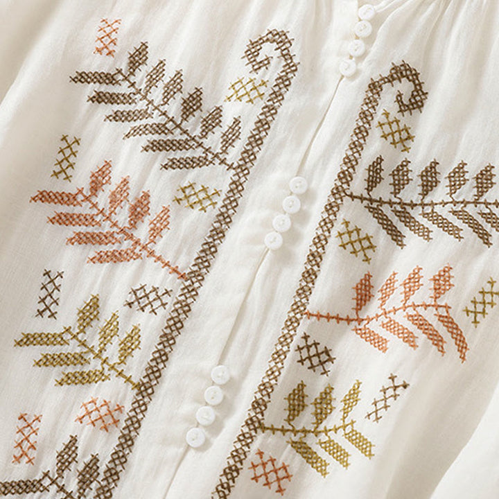 Buddha Stones Casual Artystyczny Haft Liści Wzór Damska Bawełna Lniana Trzy Czwarte Rękawy Kardigan - image 18