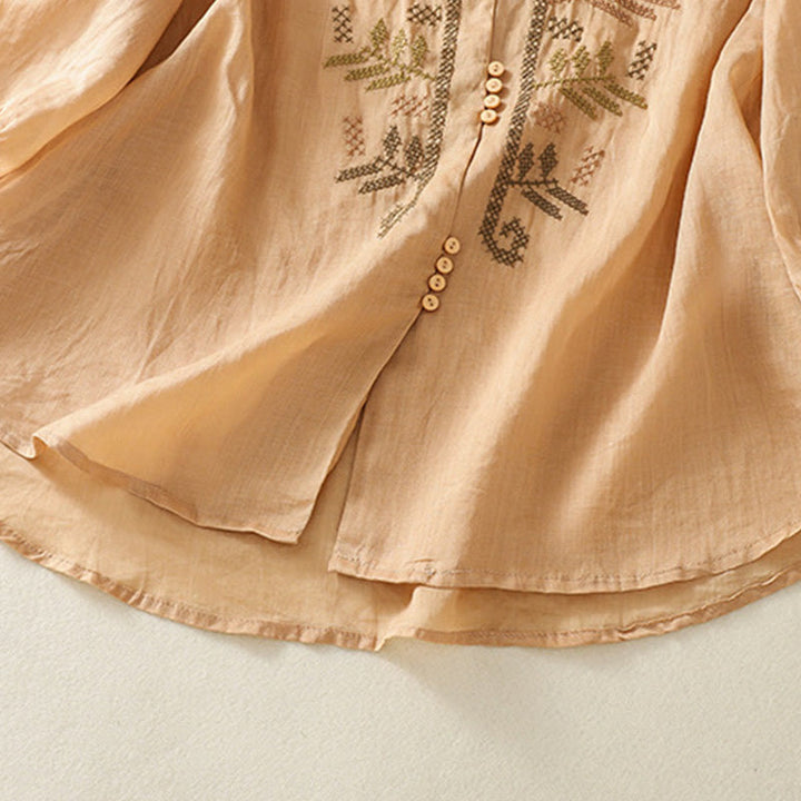 Buddha Stones Casual Artystyczny Haft Liści Wzór Damska Bawełna Lniana Trzy Czwarte Rękawy Kardigan - image 7