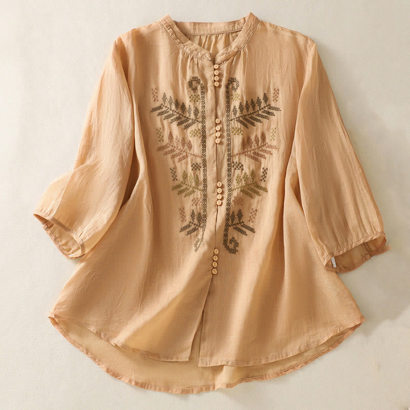 Koszula damska z bawełny i lnu z rękawem trzy czwarte, haft artystyczny z motywem liści i Buddha Stones - Pomarańczowy - US8-10，UK/AU12-14，EU40-42 (2XL) - image 0