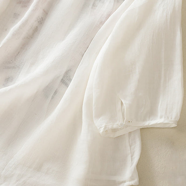 Buddha Stones Casual Artystyczny Haft Liści Wzór Damska Bawełna Lniana Trzy Czwarte Rękawy Kardigan - image 19