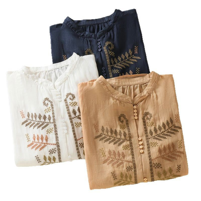 Buddha Stones Casual Artystyczny Haft Liści Wzór Damska Bawełna Lniana Trzy Czwarte Rękawy Kardigan - image 24