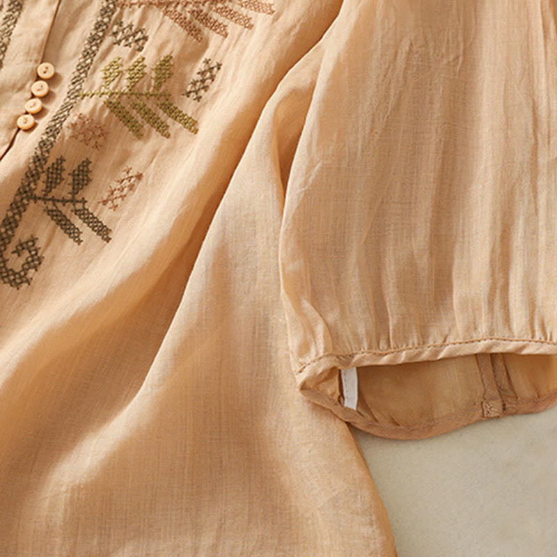 Buddha Stones Casual Artystyczny Haft Liści Wzór Damska Bawełna Lniana Trzy Czwarte Rękawy Kardigan - image 6