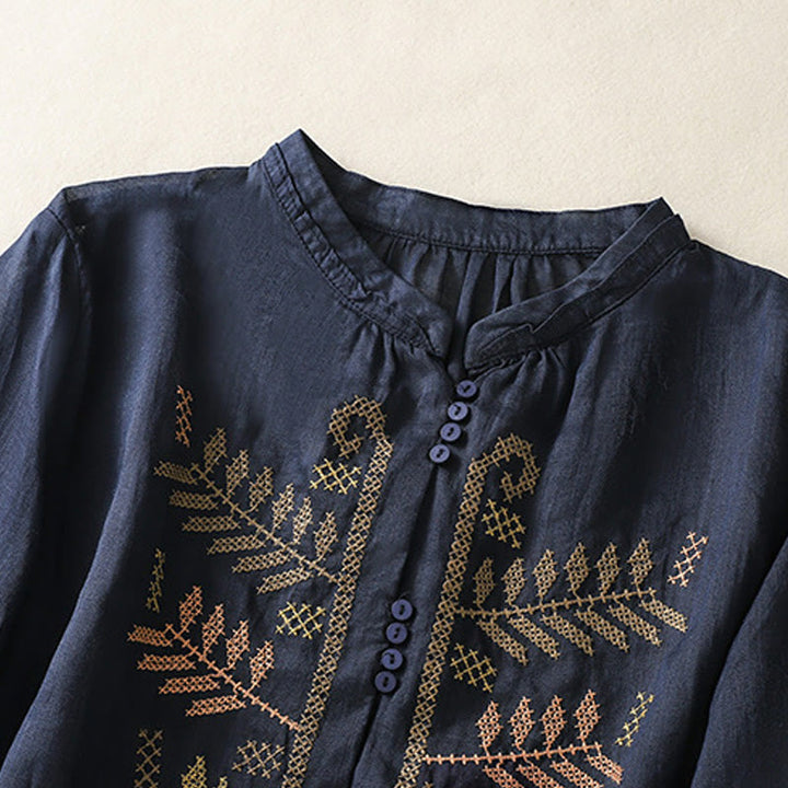 Koszula damska z bawełny i lnu z rękawem trzy czwarte, haft artystyczny z motywem liści i Buddha Stones - image 9