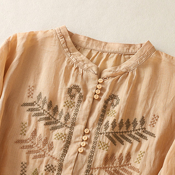 Koszula damska z bawełny i lnu z rękawem trzy czwarte, haft artystyczny z motywem liści i Buddha Stones - image 2