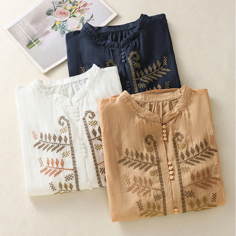 Buddha Stones Casual Artystyczny Haft Liści Wzór Damska Bawełna Lniana Trzy Czwarte Rękawy Kardigan - image 23