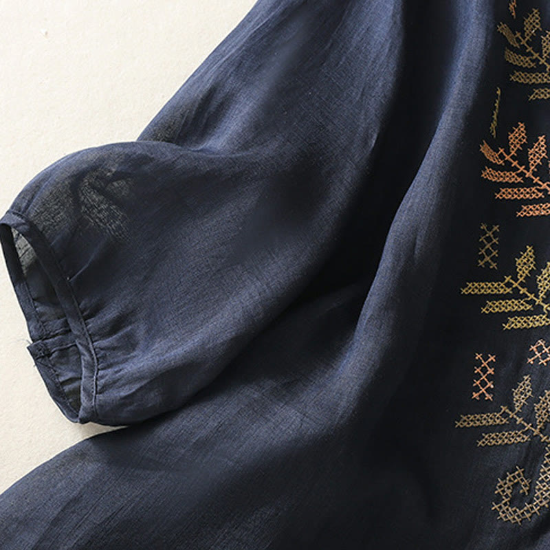 Koszula damska z bawełny i lnu z rękawem trzy czwarte, haft artystyczny z motywem liści i Buddha Stones - image 11