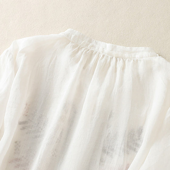 Koszula damska z bawełny i lnu z rękawem trzy czwarte, haft artystyczny z motywem liści i Buddha Stones - image 16