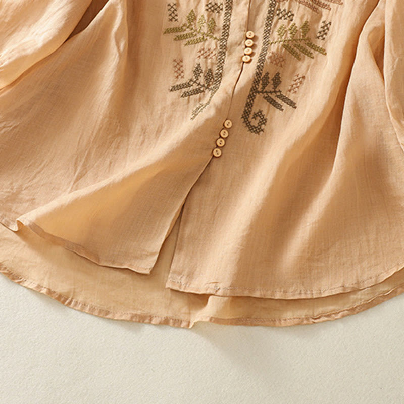 Koszula damska z bawełny i lnu z rękawem trzy czwarte, haft artystyczny z motywem liści i Buddha Stones - image 7