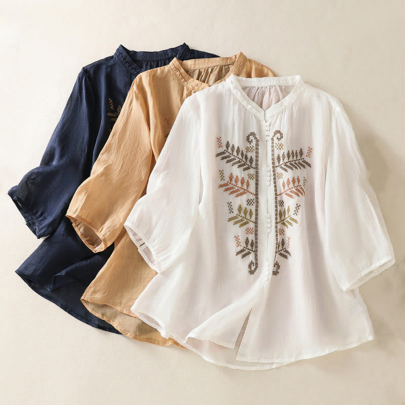 Buddha Stones Casual Artystyczny Haft Liści Wzór Damska Bawełna Lniana Trzy Czwarte Rękawy Kardigan - image 22