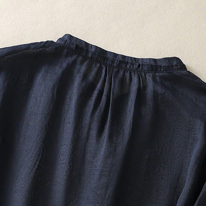 Koszula damska z bawełny i lnu z rękawem trzy czwarte, haft artystyczny z motywem liści i Buddha Stones - image 10