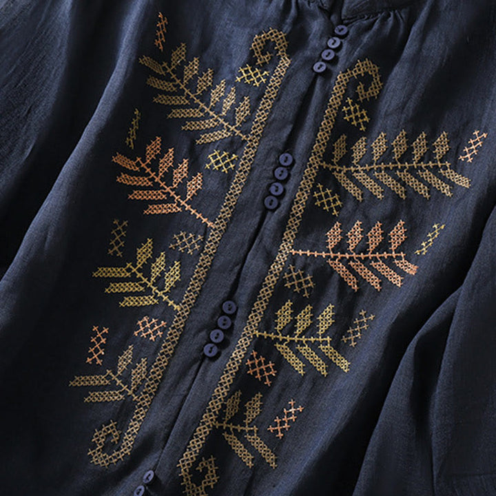 Buddha Stones Casual Artystyczny Haft Liści Wzór Damska Bawełna Lniana Trzy Czwarte Rękawy Kardigan - image 12