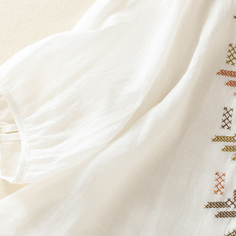 Buddha Stones Casual Artystyczny Haft Liści Wzór Damska Bawełna Lniana Trzy Czwarte Rękawy Kardigan - image 17