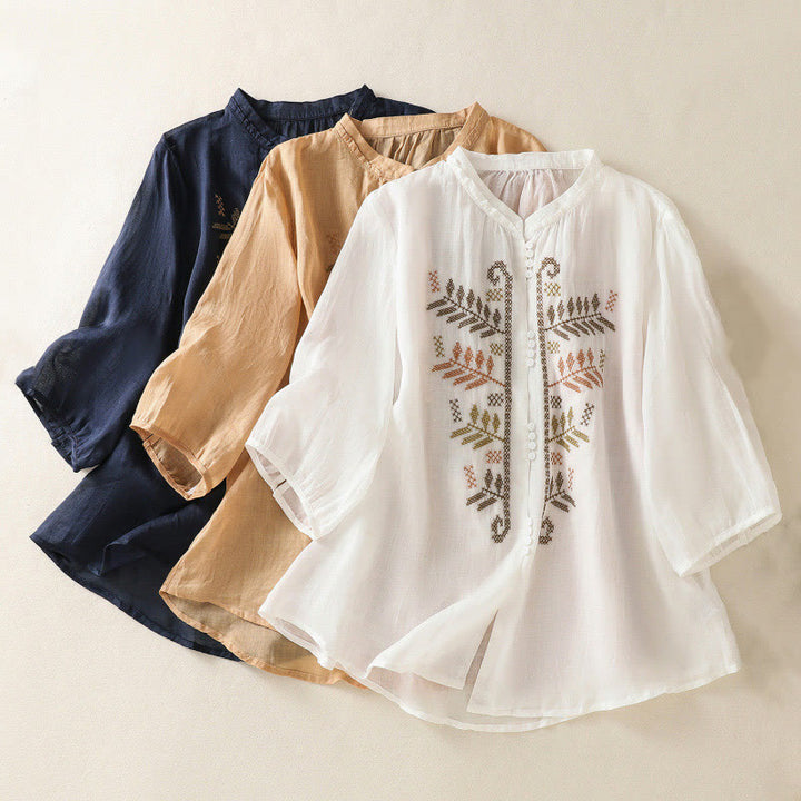 Koszula damska z bawełny i lnu z rękawem trzy czwarte, haft artystyczny z motywem liści i Buddha Stones - image 22