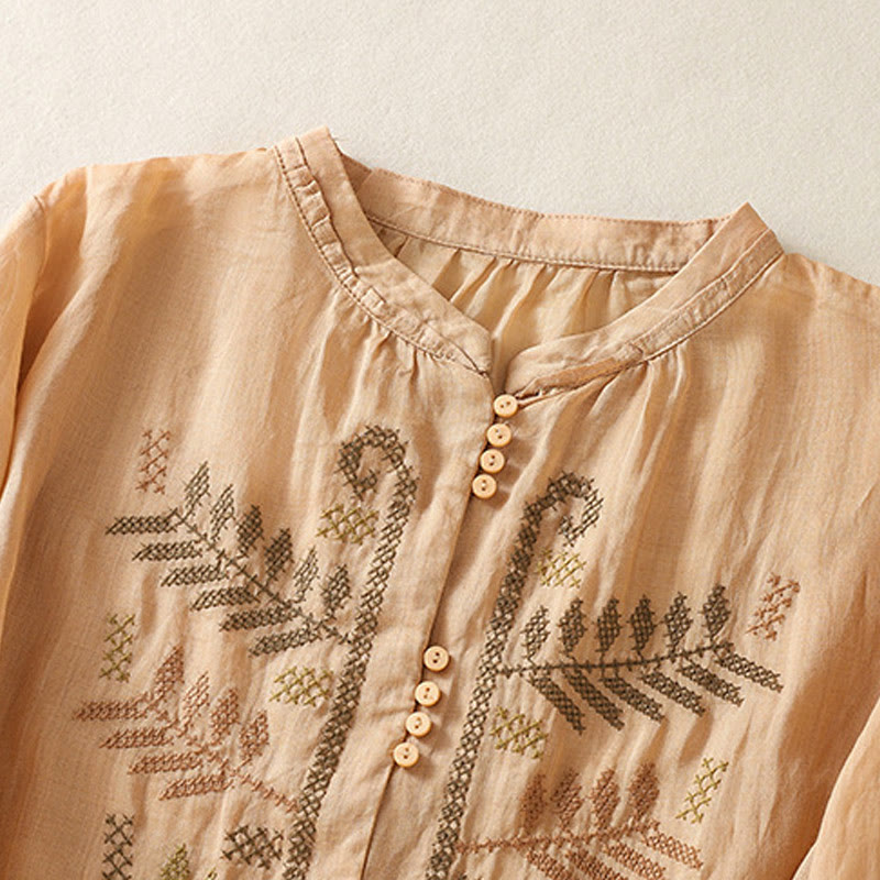 Buddha Stones Casual Artystyczny Haft Liści Wzór Damska Bawełna Lniana Trzy Czwarte Rękawy Kardigan - image 2