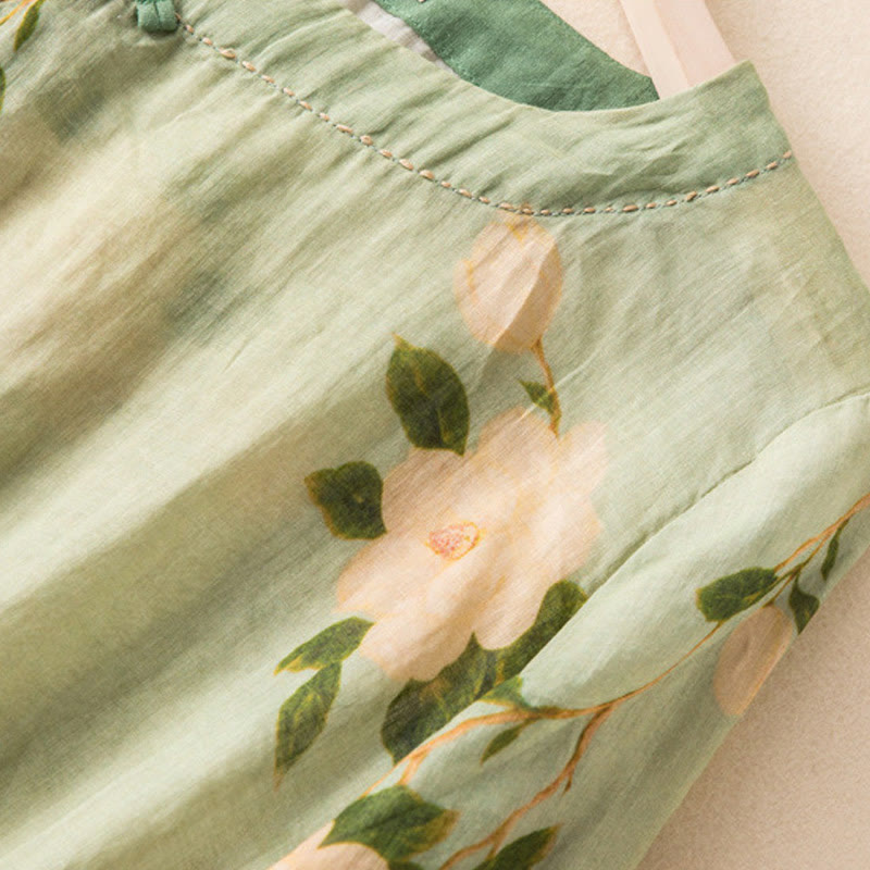 Buddha Stones Jasnozielony Casual Artystyczny Nadruk Kwiatowy Wzór Chiński Żaba-Guzik Damska Bawełniana Lniana Koszula Z Długim Rękawem Kardigan - image 4