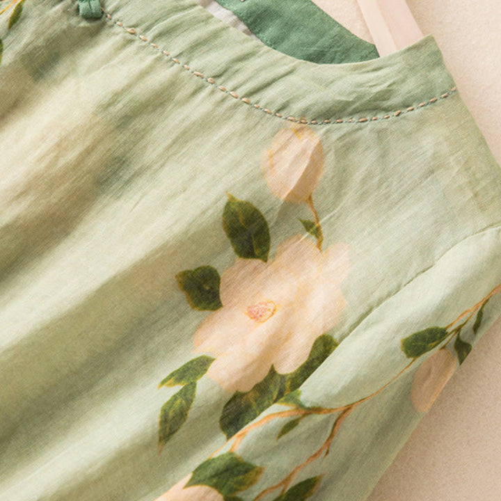 Buddha Stones Jasnozielony Casual Artystyczny Nadruk Kwiatowy Wzór Chiński Żaba-Guzik Damska Bawełniana Lniana Koszula Z Długim Rękawem Kardigan - image 4