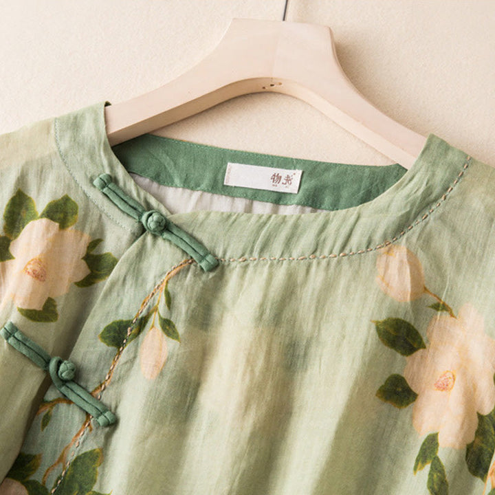 Buddha Stones Jasnozielony Casual Artystyczny Nadruk Kwiatowy Wzór Chiński Żaba-Guzik Damska Bawełniana Lniana Koszula Z Długim Rękawem Kardigan - image 2